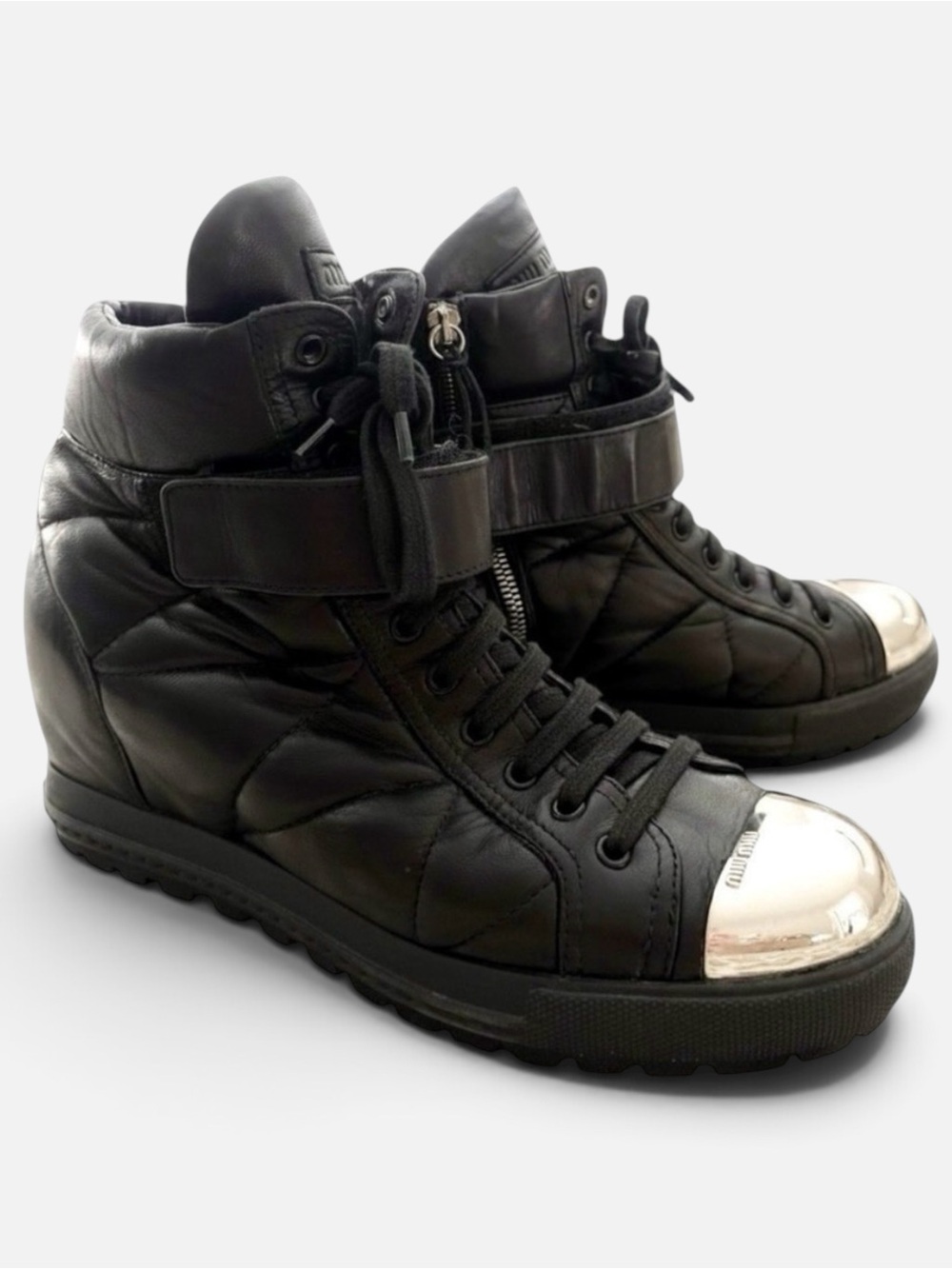 Miu Miu Black Padded Leather Metal Cap-Toe High-Top Wedge Boots Sz 39.5 US 9